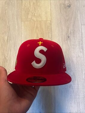 Supreme Red Baseball Cap with White 'S' and Yellow Cross